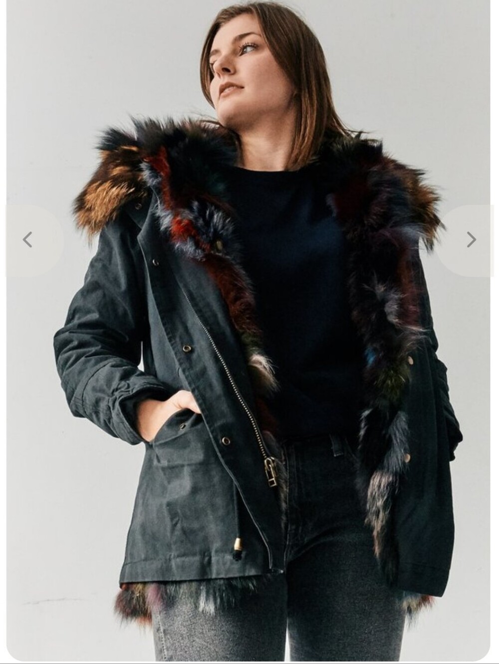 Barneys New York Black Parka with Multicolor Fox Fur Lining